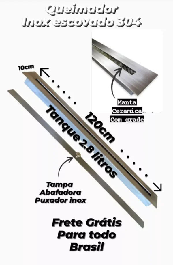 Queimador Para Lareira Ecológica 120cm 1,2 M Inox Escovado - Imagem 3