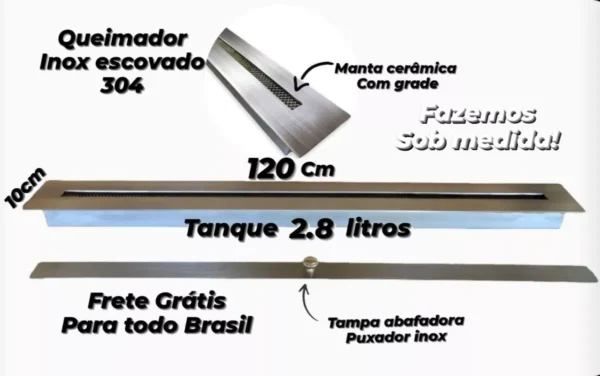 Queimador Para Lareira Ecológica 120cm 1,2 M Inox Escovado - Imagem 4