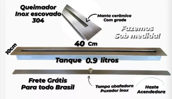 Queimador Para Lareira Ecológica 40cm Inox Escovado-304-3mm - Imagem 6